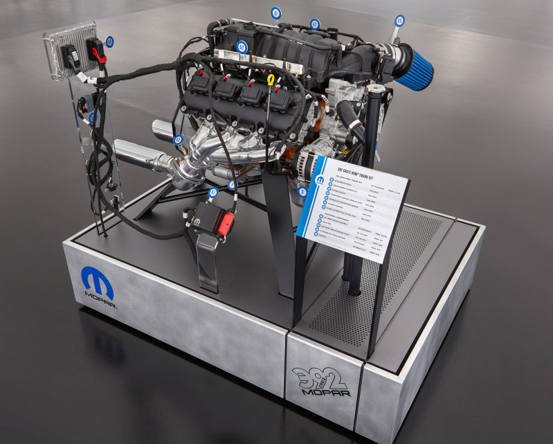 This “exploded” view of a 6.4-liter HEMI® engine highlights the components of the new Mopar 392 Crate HEMI® Engine Kit, which allows owners to drop a modern HEMI® engine into model year 1975 or earlier vehicles.