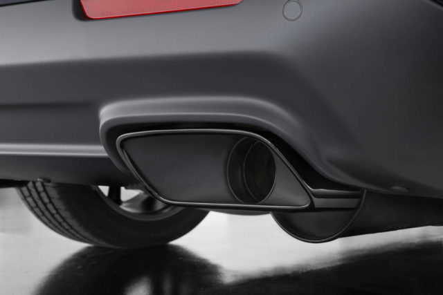 Standard chrome exhaust tips are replaced with Dodge Challenger SRT Hellcat black exhaust tips.