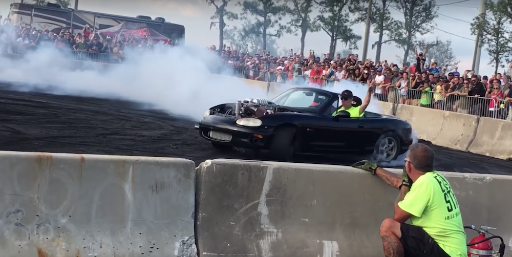 YouTuber Cleetus McFarland driving a Hellcat-powered Miata. 