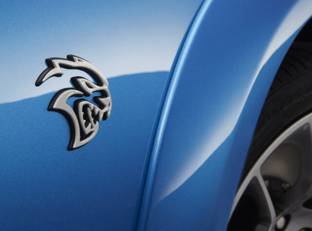 The Hellcat badge on the 2020 Dodge Charger SRT Hellcat Widebody