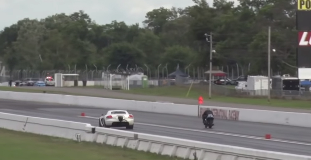 twin turbo Dodge Viper from Nth moto drag races a stretched and turbocharged motorcycle