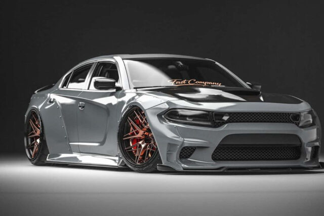 rendering of wide body gloss grey Dodge Charger SRT Hellcat