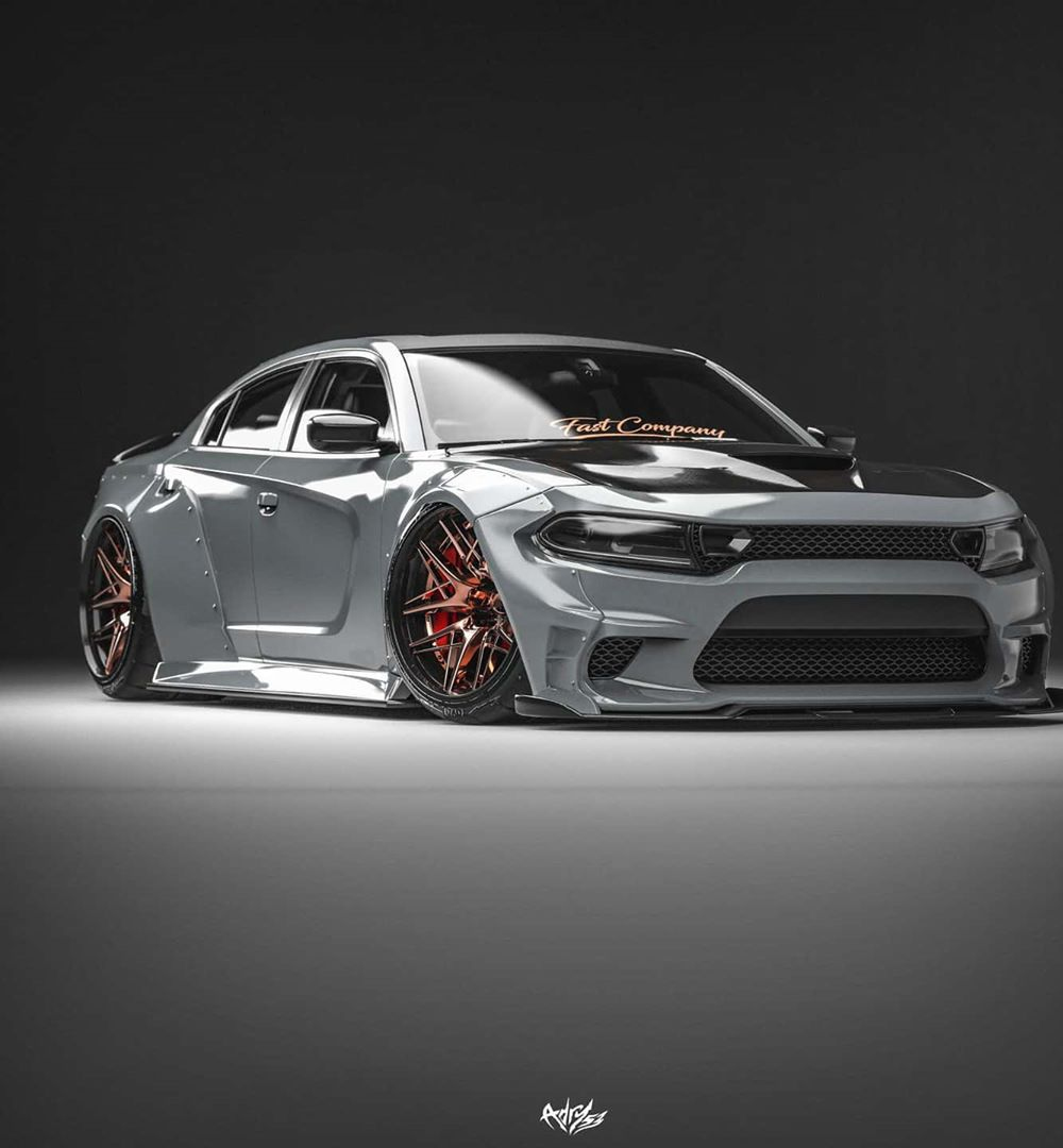 rendering of wide body gloss grey Dodge Charger SRT Hellcat