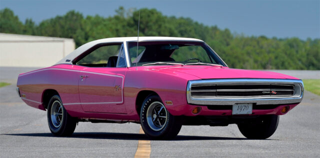 1970 Pink Panther R/T with white vinyl top and bucket seat interior for sale at Mecum
