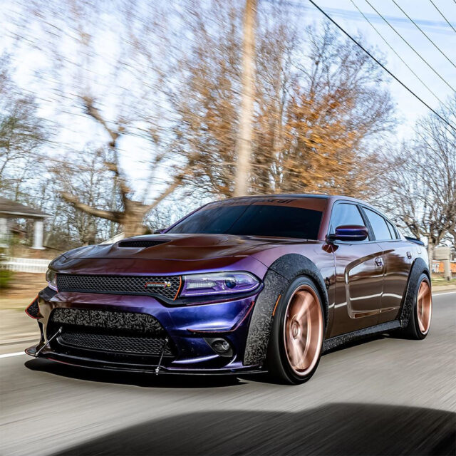 Color changing Dodge Charger scatpack widebody fender flares and front lip