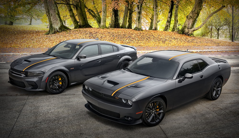2022 Dodge Challenger GT RWD and 2022 Dodge Charger Scat Pack Widebody, with HEMI Orange appearance package.
