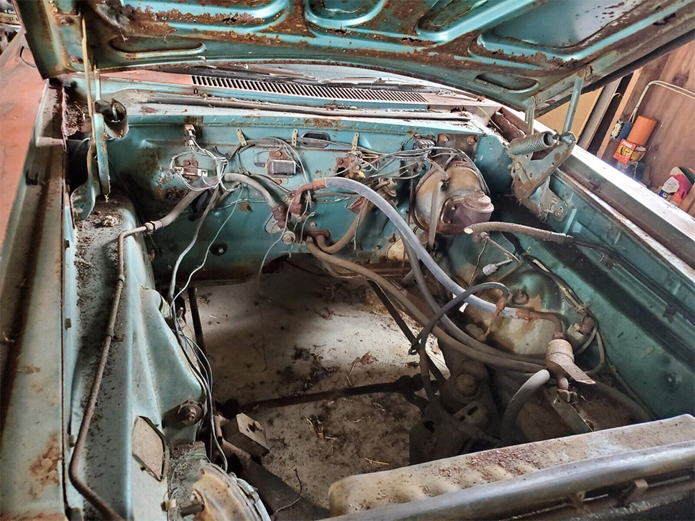 Rusty 1965 Dodge Coronet for sale on ebay, engine bay