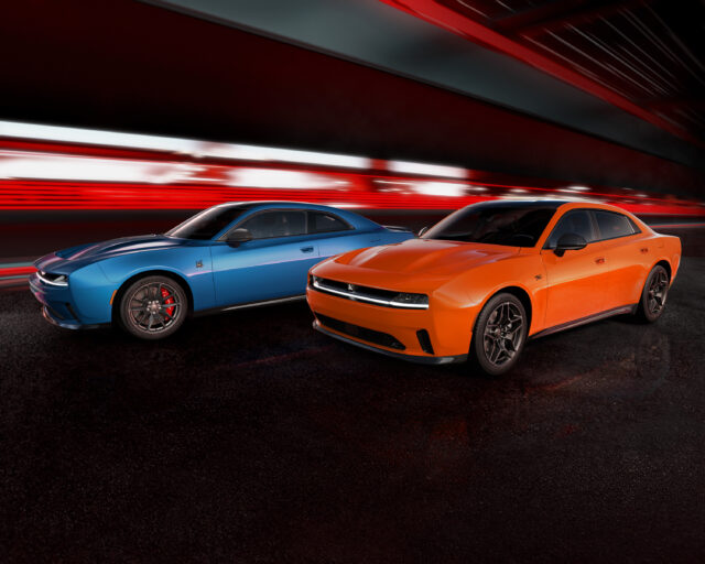 The Dodge Charger Daytona Scat Pack (shown in Bludicrous) and Dodge Charger Daytona R/T (shown in Peel Out) represent the first–ever all-electric vehicles from the Dodge brand.