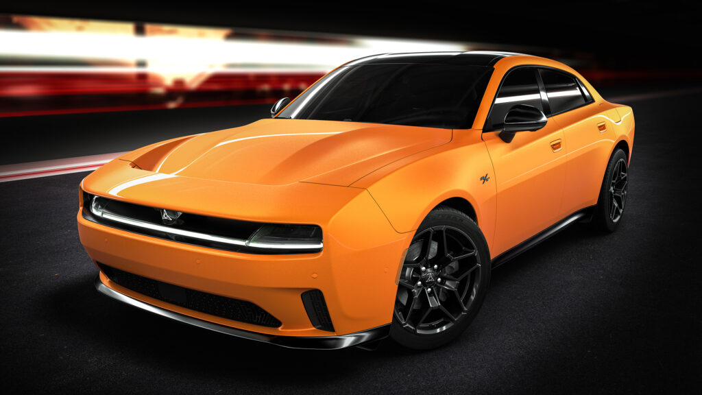 The Dodge Charger Daytona Scat Pack (shown in Bludicrous) and Dodge Charger Daytona R/T (shown in Peel Out) represent the first–ever all-electric vehicles from the Dodge brand.