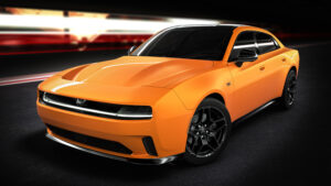 The Dodge Charger Daytona Scat Pack (shown in Bludicrous) and Dodge Charger Daytona R/T (shown in Peel Out) represent the first–ever all-electric vehicles from the Dodge brand.