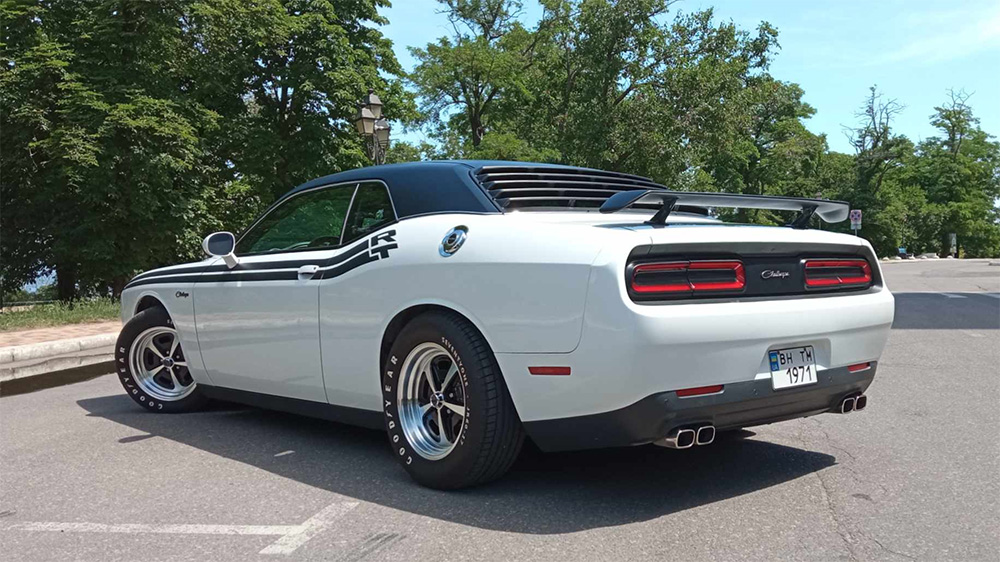 rear 3/4 shot of Dodge Challenger built in Ukraine during war